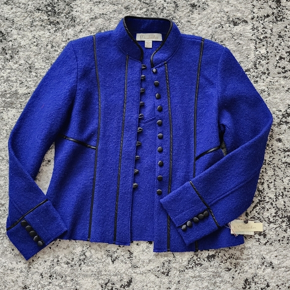 Vintage Mainbocher 100% Wool Jacket Blue Black Womens L NWT Preppy Academia Goth - Picture 2 of 9